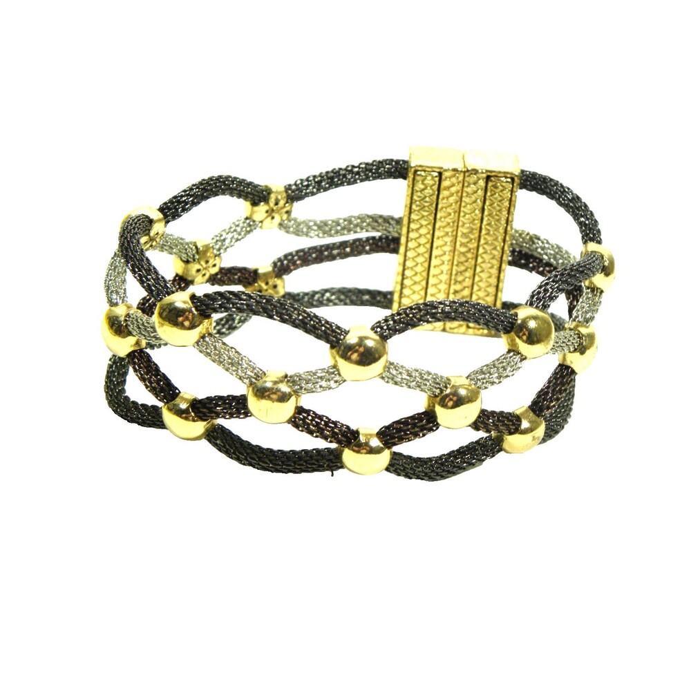 Woven Bangle Bracelet Flexible Braided Multi Strand Tri Tone Magnetic Clasp